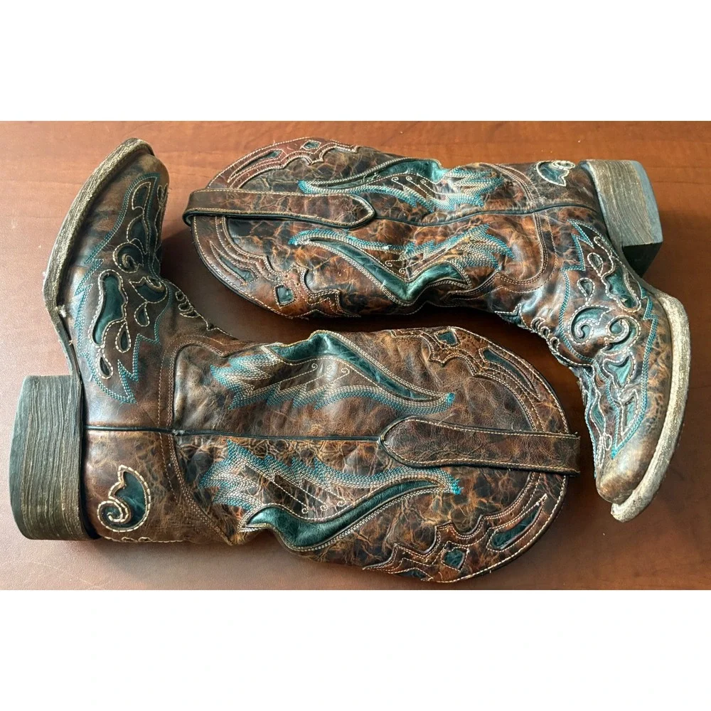 Corral Vintage Brown Teal Embroidered Leather Cowboy Boots Square Toe 6.5M 97303